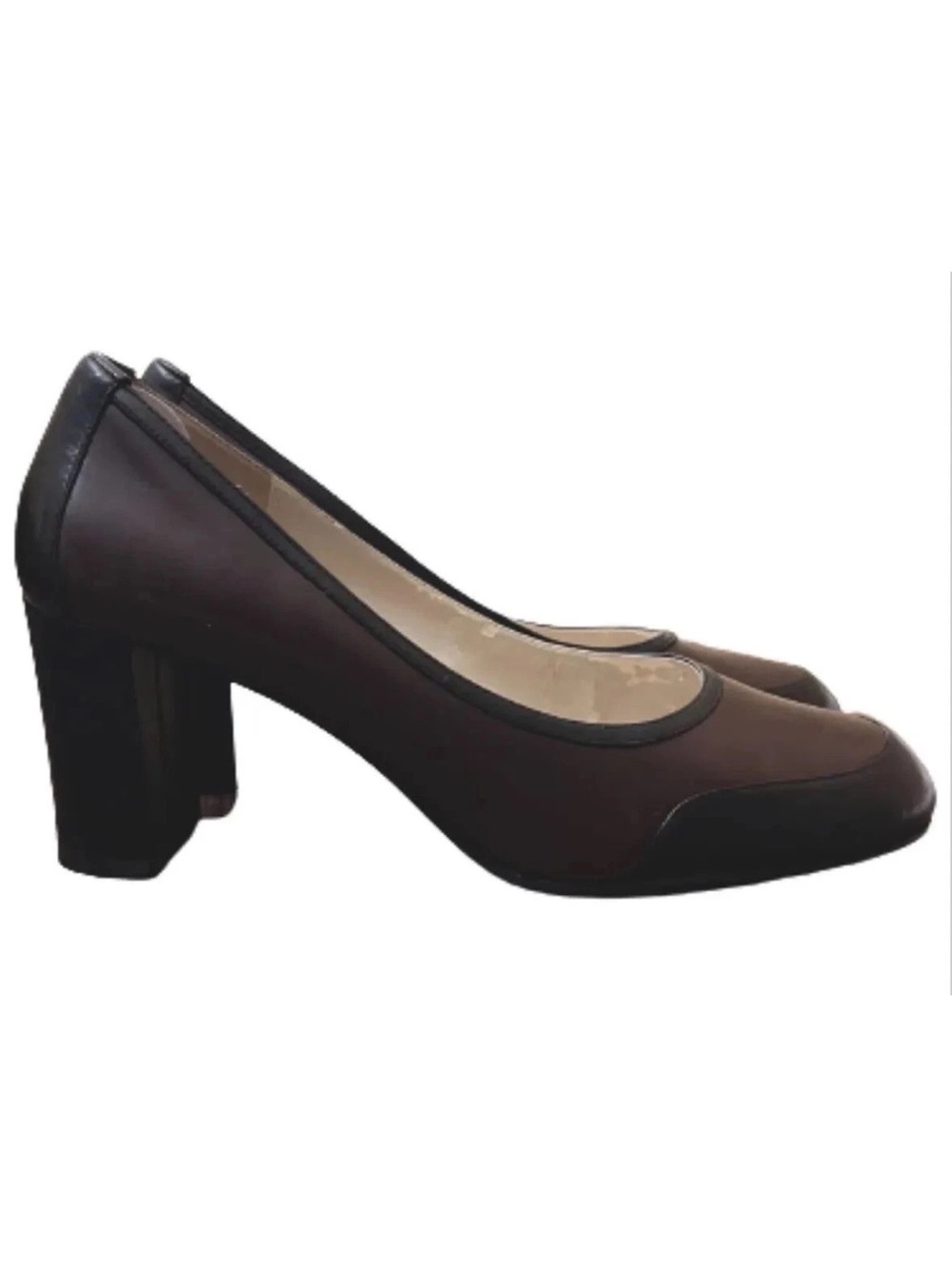 Circa Joan & David Brown Leather Cap Toe Block Heel Pumps Square Toe